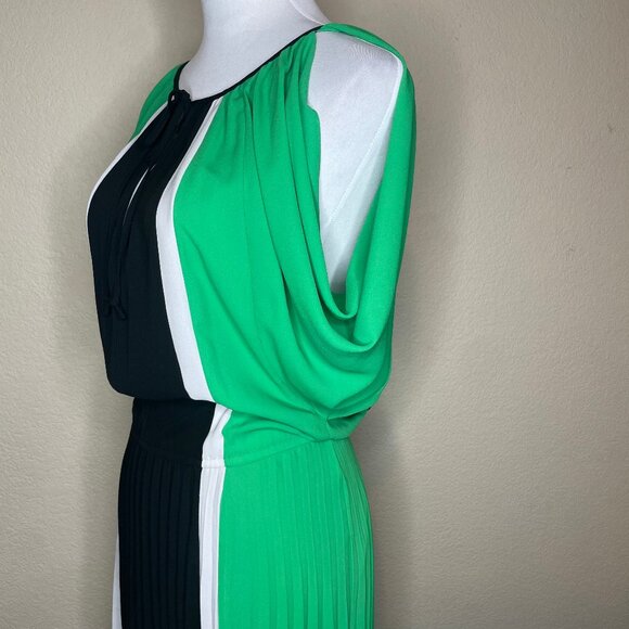 BCBGMAXAZRIA Iona Colorblock Pleated Cold Slit Shoulder Midi Dress - XS - Picture 4 of 13